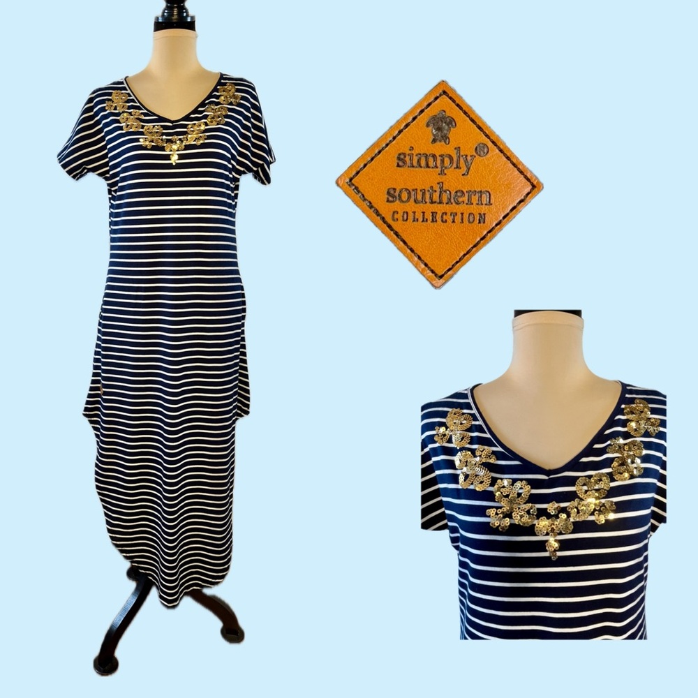 Simply Southern Navy and White Striped Dress with Gold Details